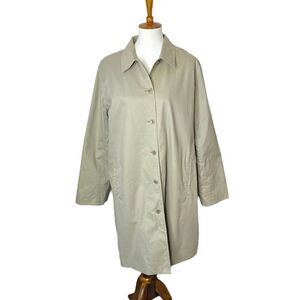 Eileen Fisher Khaki Trench Coat Jacket Long Sleeve Button Up Cotton Women Size L